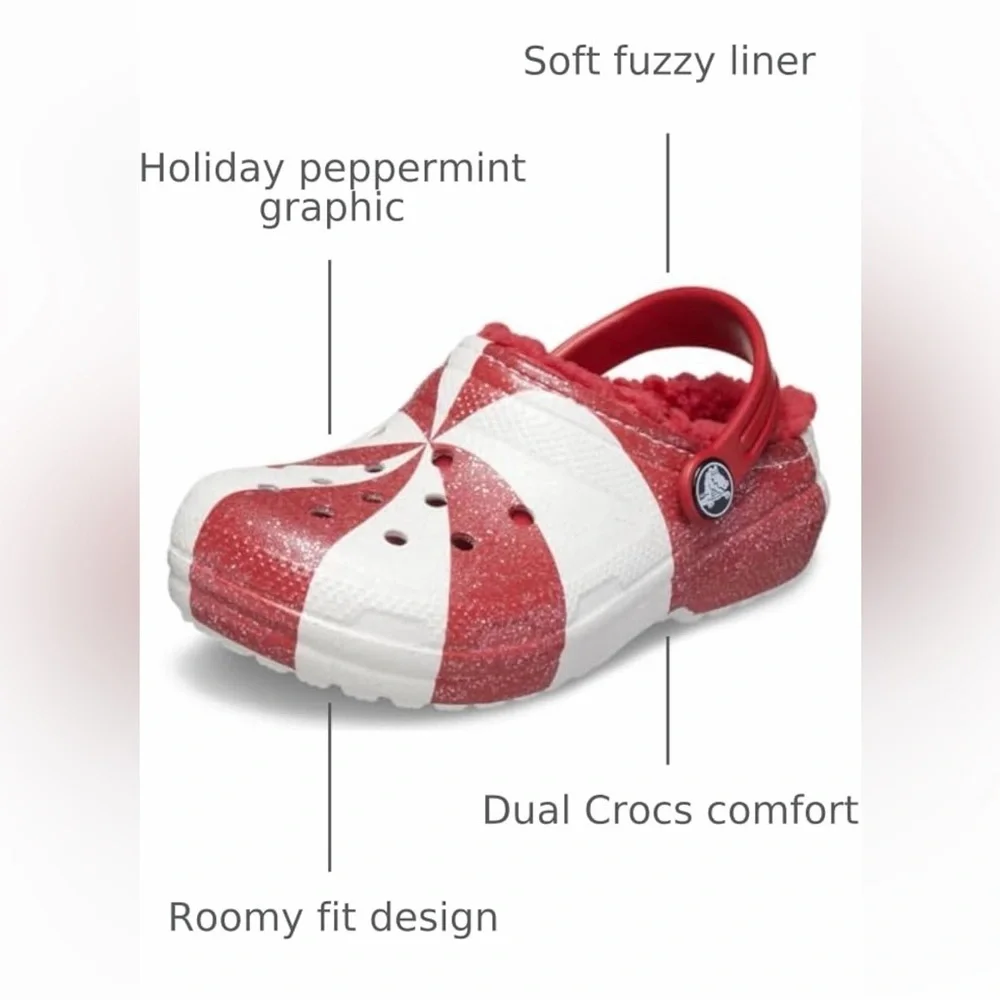 CROCS Kids Red and White Peppermint-Pattern Fleece-Lined Clog
